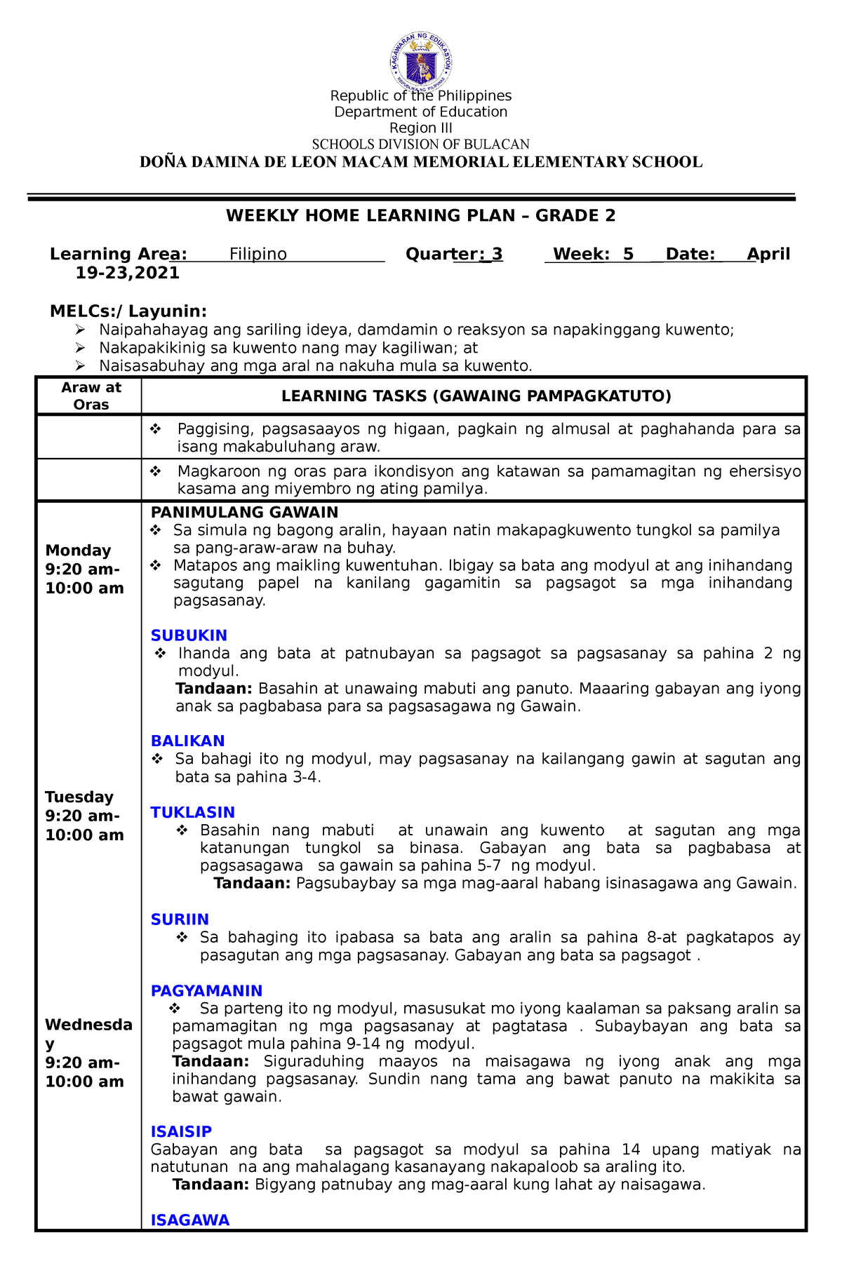 Filipino 2 WHLP Q3 MOD 5 - Republic Of The Philippines Department Of ...