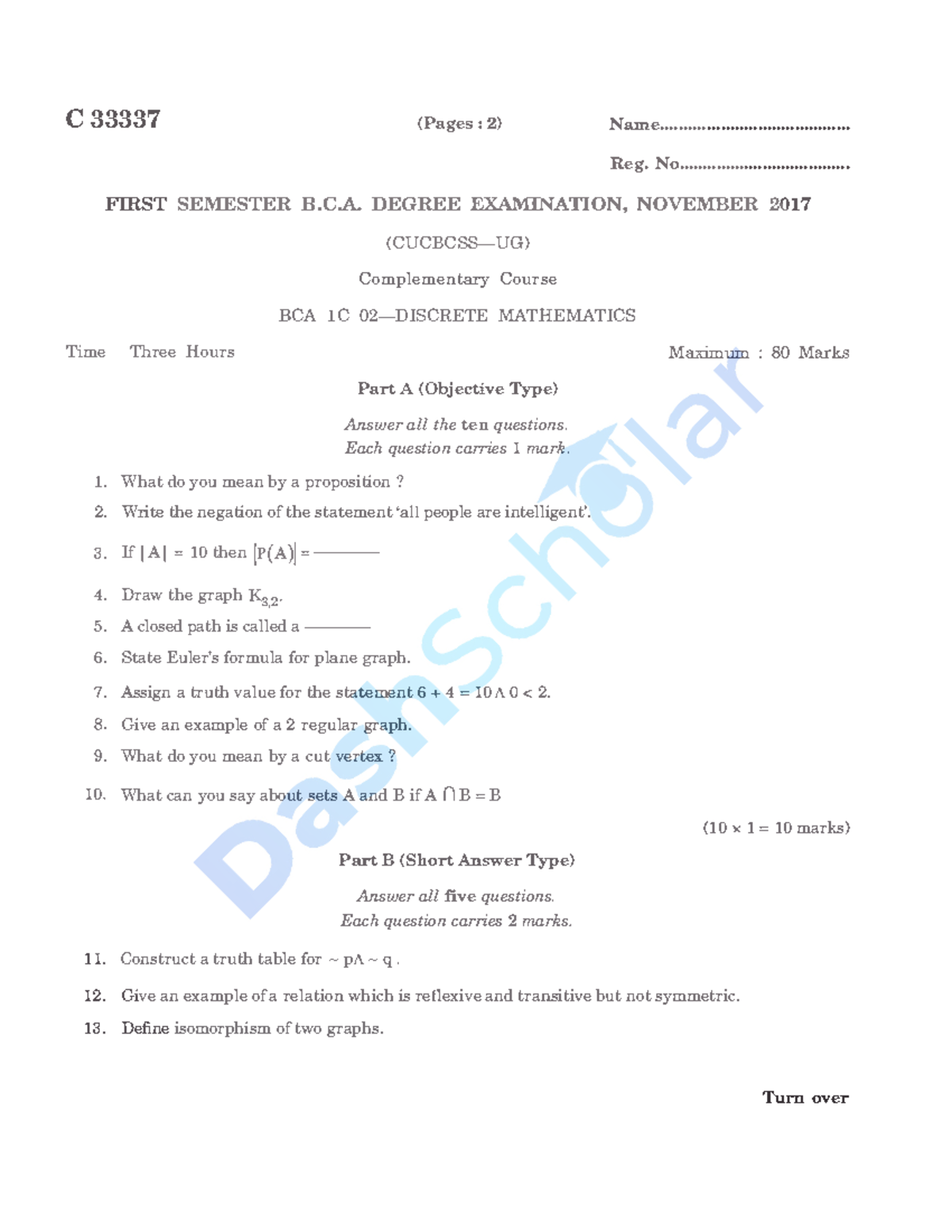 Discrete Mathematics 2017 e1 - C33337 (Pages: 2) Name