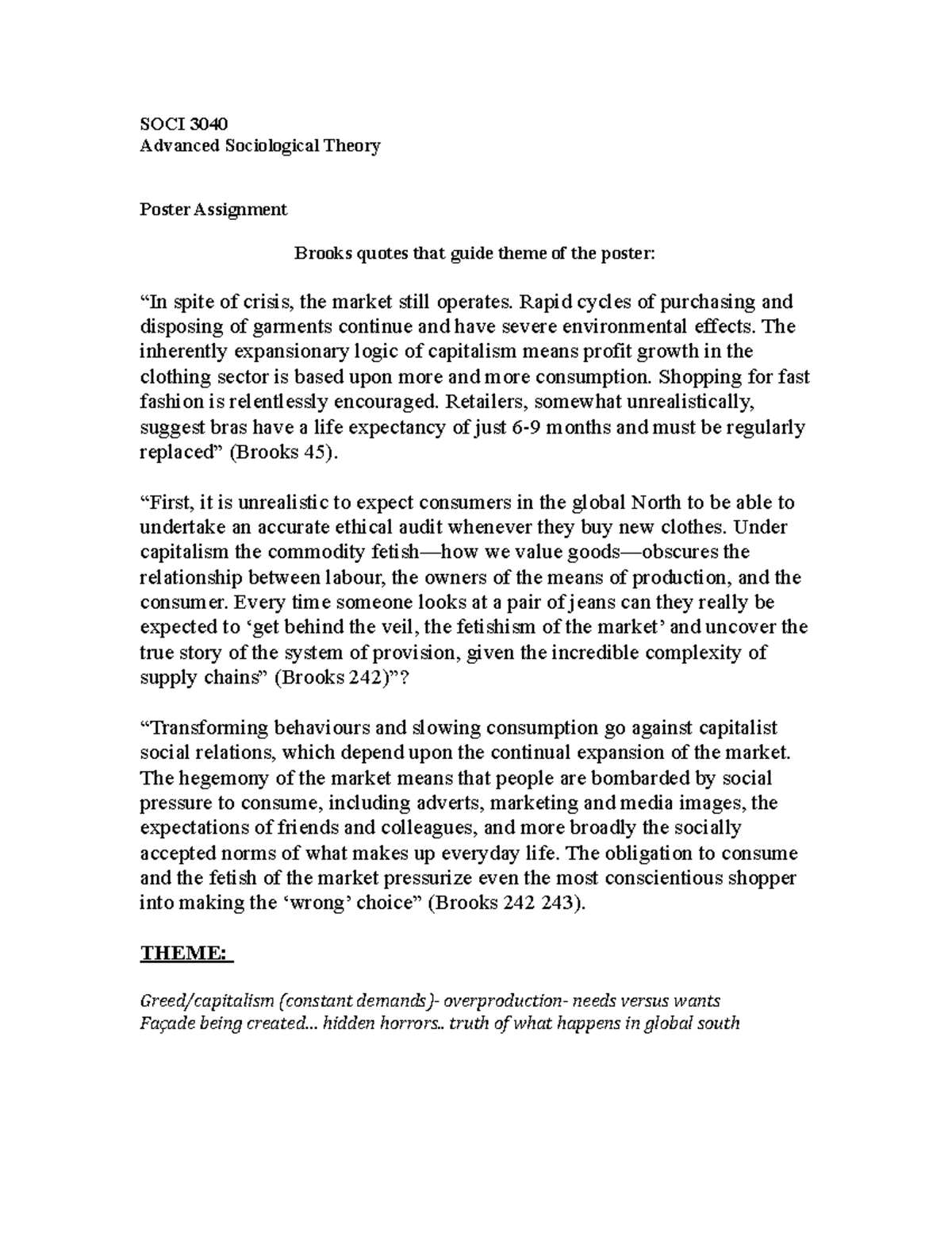 Brooks quotes that guide theme of poster SOCI 3040 SOCI 3040 Advanced