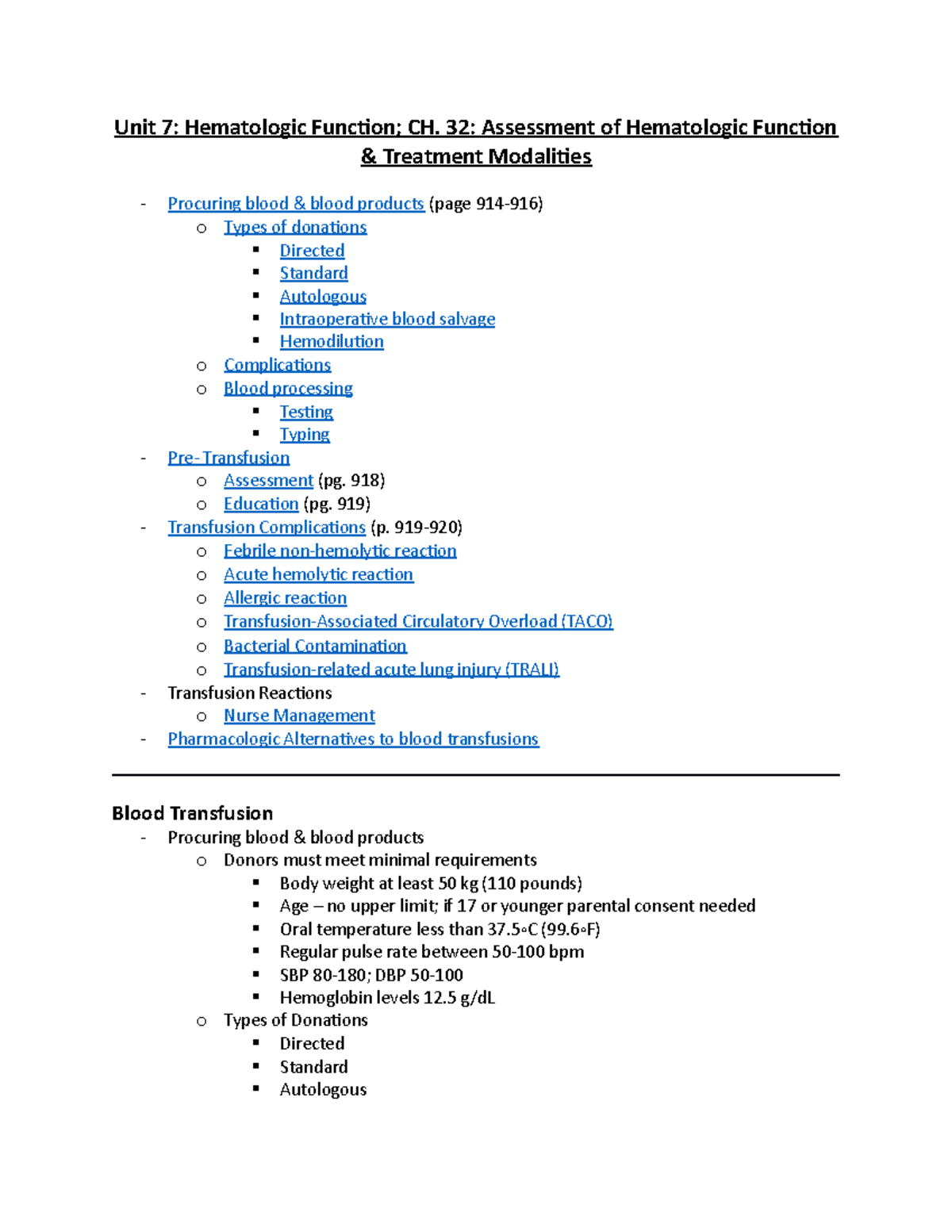 Blood Transfusion - Unit 7: Hematologic CH. 32: Assessment Of ...