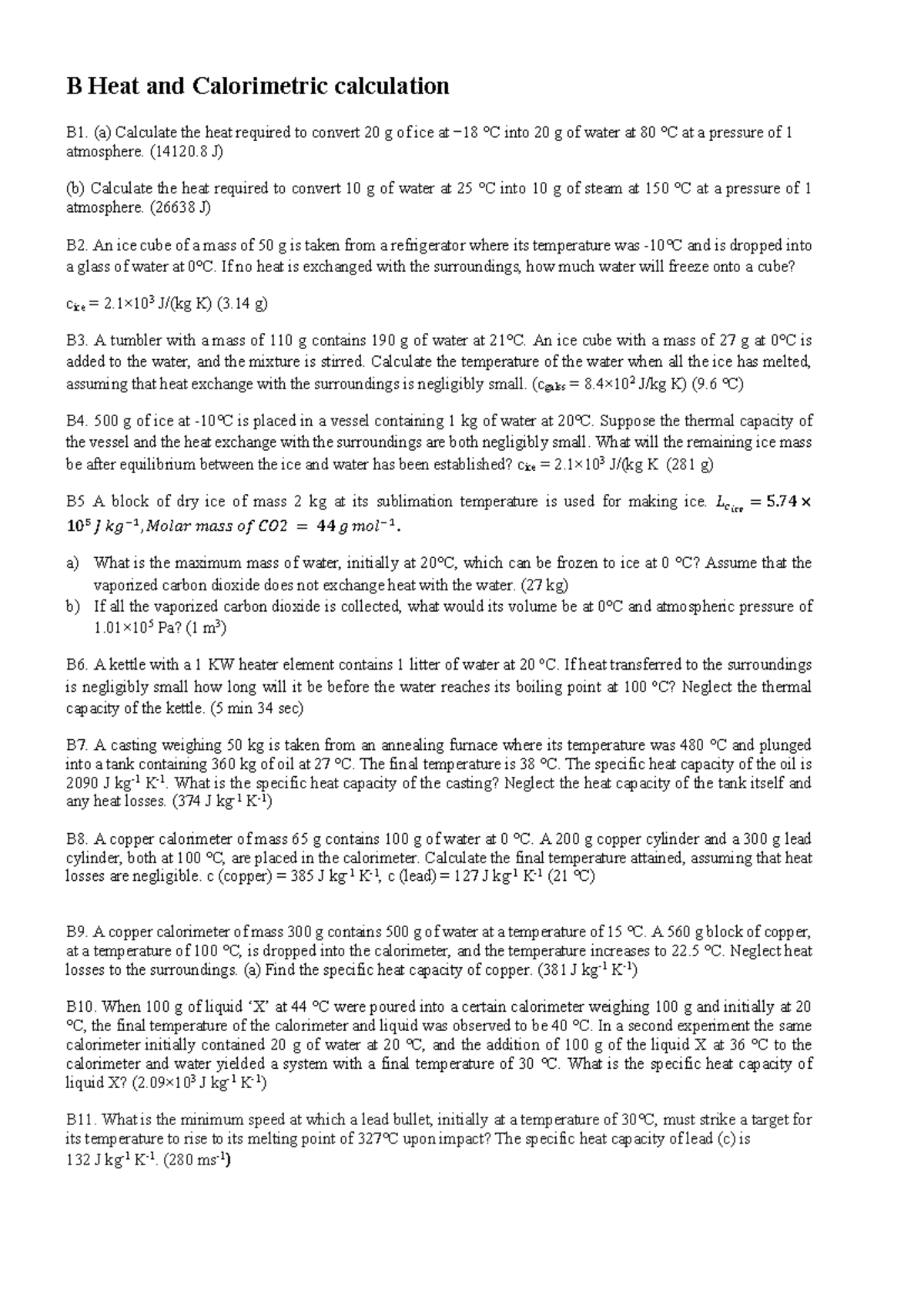 B Heat and Calorimetric calculation - Tutorial Problems - B Heat and ...