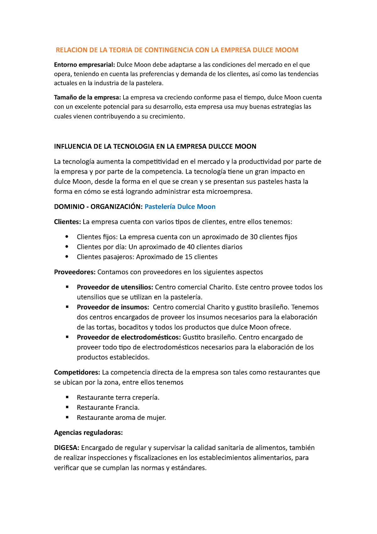 Teoria DE Contingencia - Dulce MOON - RELACION DE LA TEORIA DE CONTINGENCIA  CON LA EMPRESA DULCE - Studocu