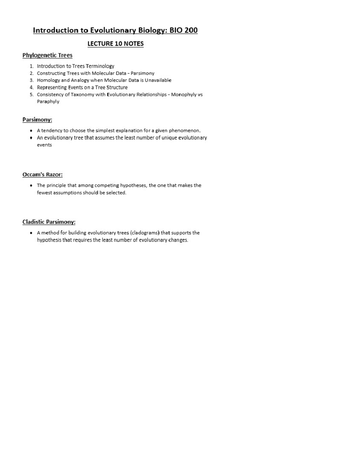 Introduction to Evolutionary Biology BIO 200 Lecture 10 - MY Notes Page ...