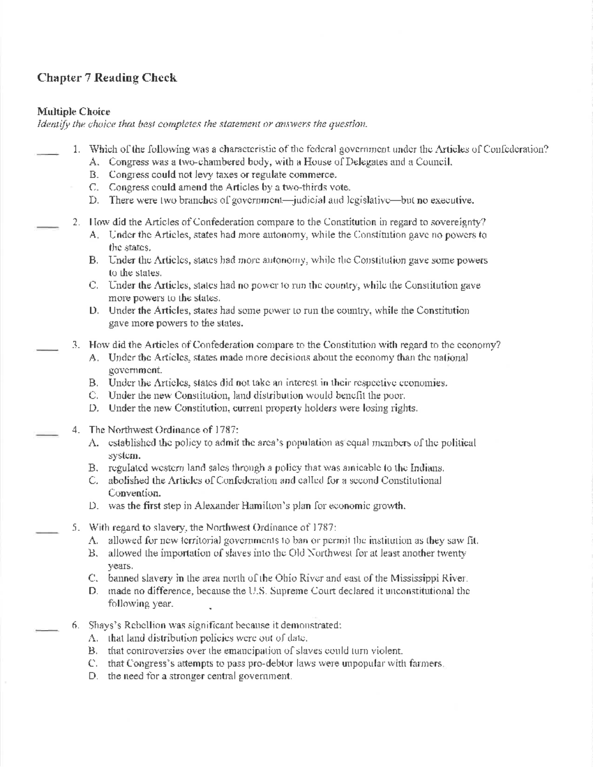 Ch7Reading Check - histri - Chapter 7 Reading Check Multiple Choice ...