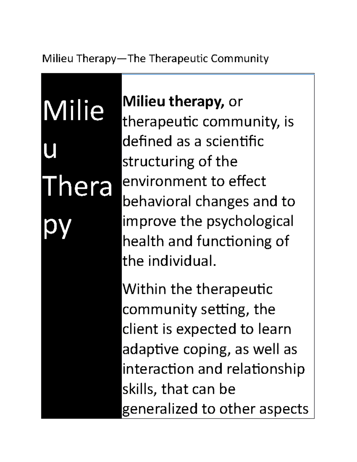 Milieu Therapy notes Milieu Therapy—The Therapeutic Community Milie