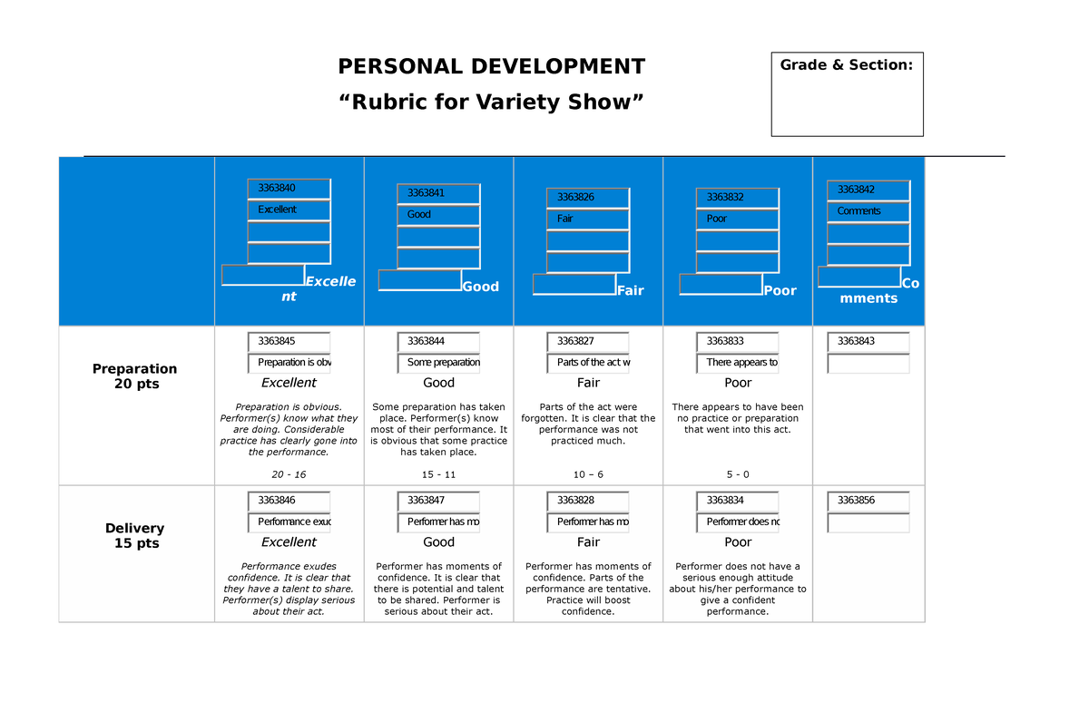 Per Dev Rubric For Variety Show Excelle Nt Good Fair Poor Co Mments Preparation 20 Pts 3737