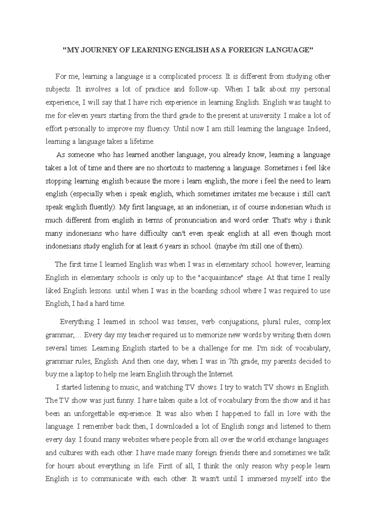 My Journey Of Learning English As A Foreign Language My Journey Of My Journey Of Learning English As A Foreign Language My Journey Of