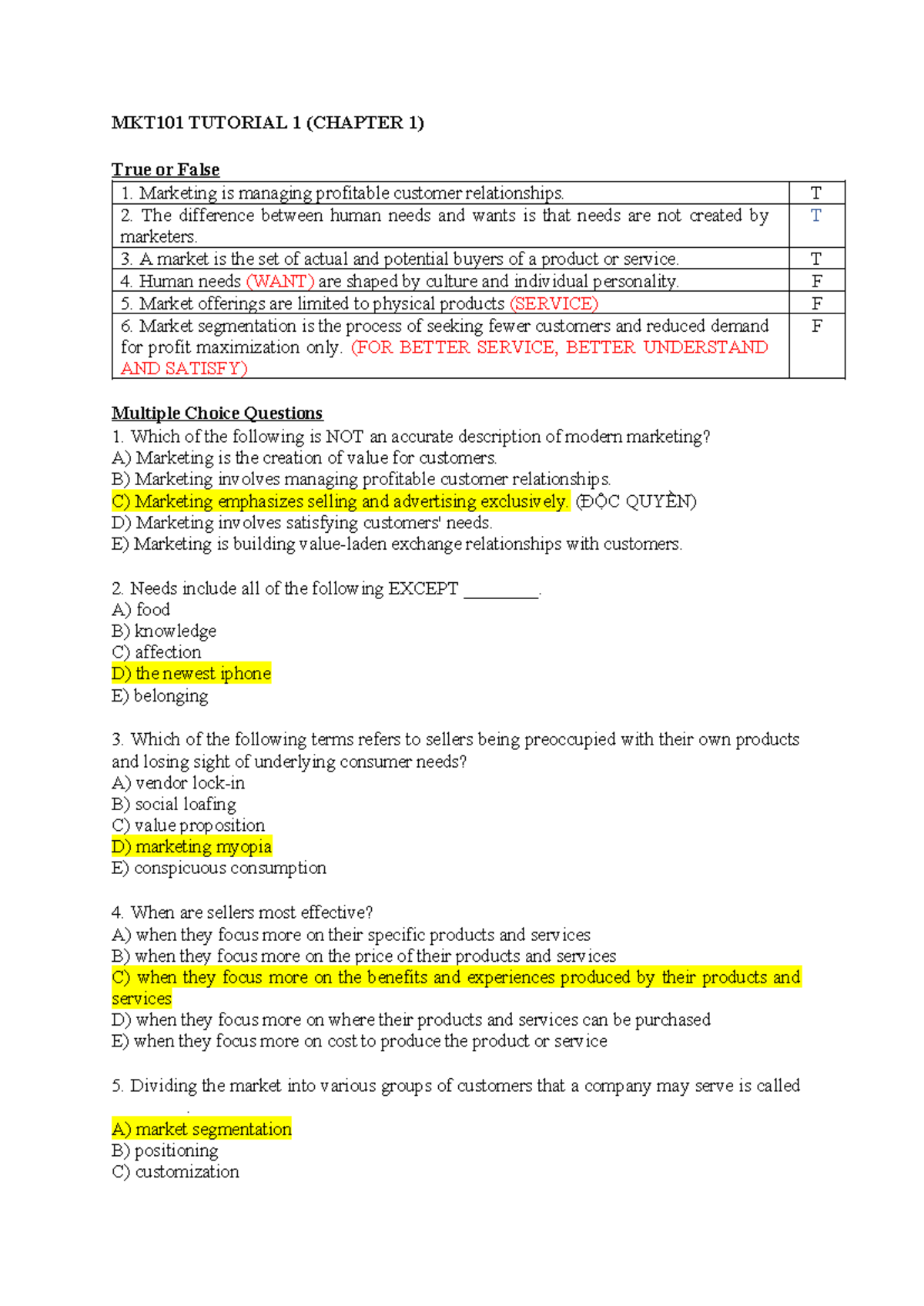 MKT101 Tutorial 1 - MKT101 TUTORIAL 1 (CHAPTER 1) True Or False 1 ...