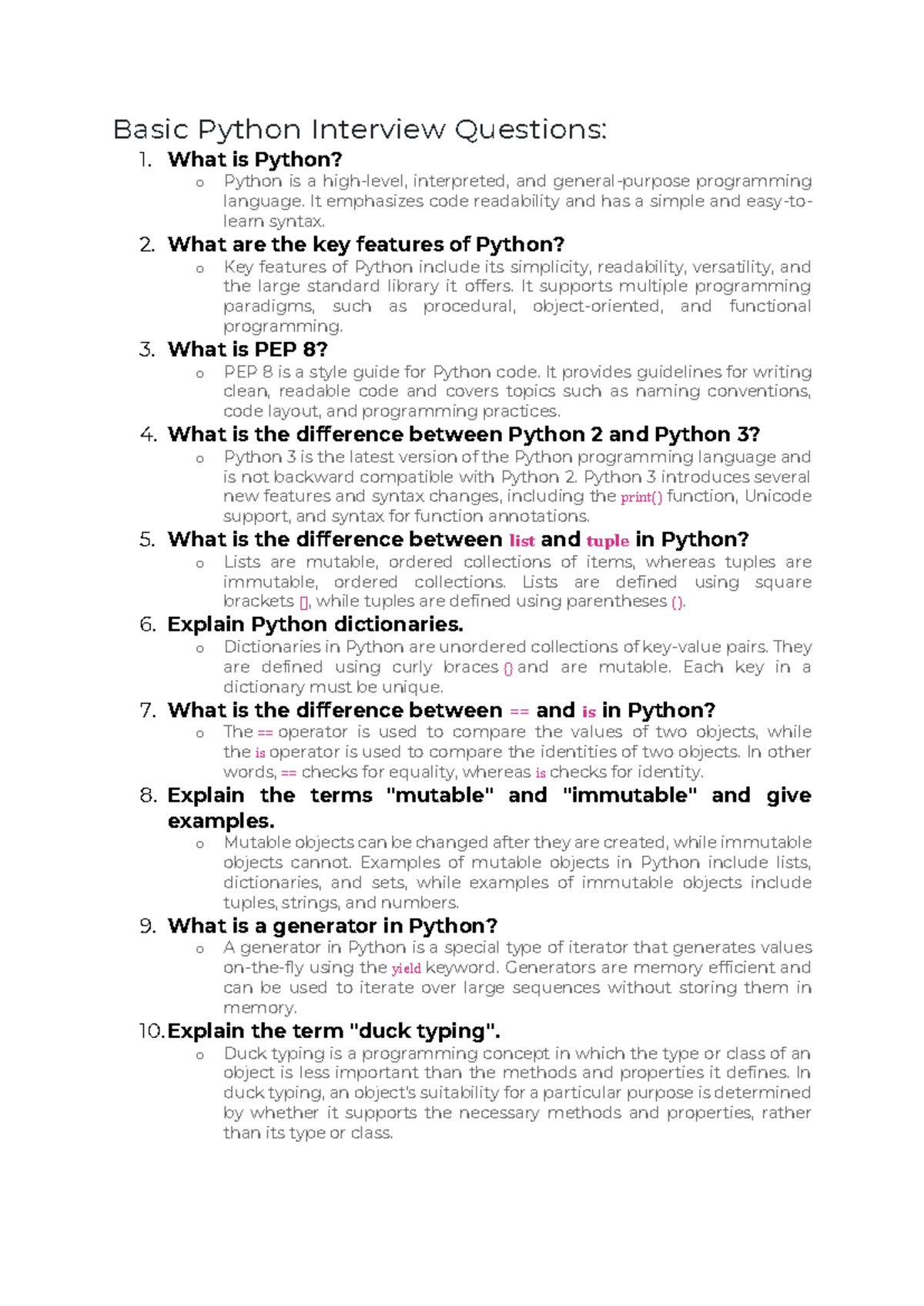 Basic python interview questions what is python o python is a high