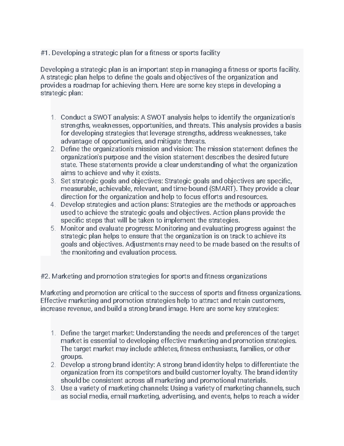 Sport and Fitness Management Strategies 12 1. Developing a