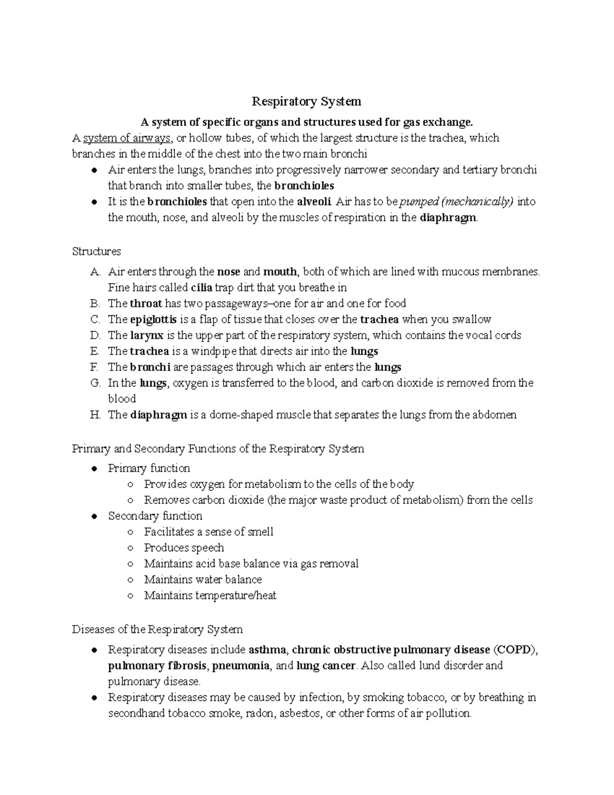 Lecture 2 Notes - Karen Oates - Respiratory System A system of specific ...