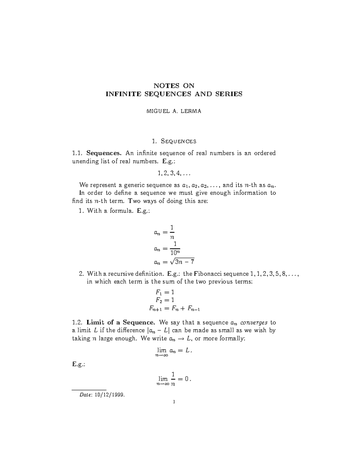 INFINITE SEQUENCES AND SERIES - NOTES ON INFINITE SEQUENCES AND SERIES ...