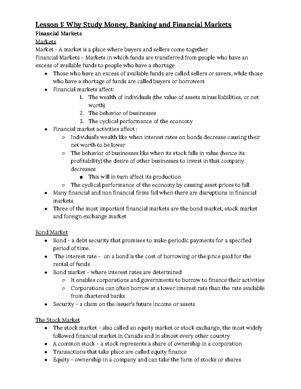 Midterm Notes - Lesson 1 Why Study Money, Banking and Financial Markets ...