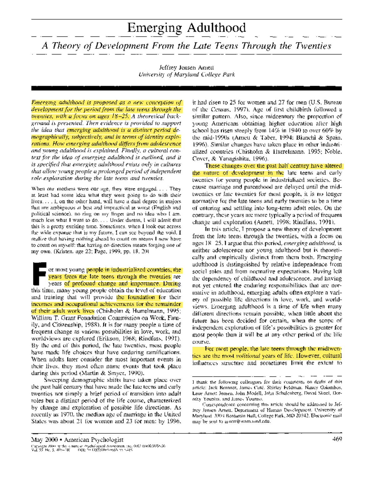 Arnett emerging adulthood theory emerging adulthood a theory of
