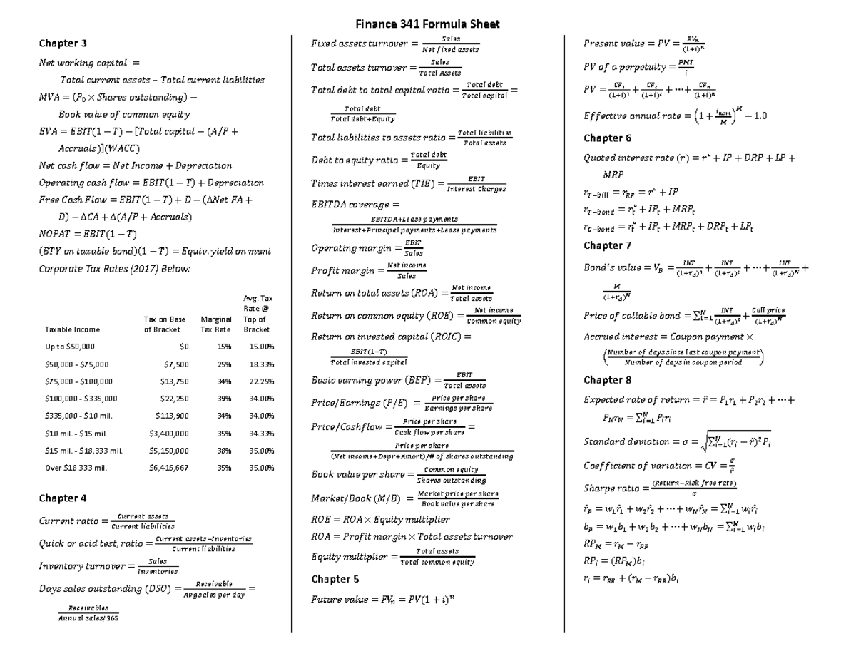 341 Formula Sheet - Finance 341 Formula Sheet Chapter 3 𝑁𝑒𝑡 𝑤𝑜𝑟𝑘𝑖𝑛𝑔 ...