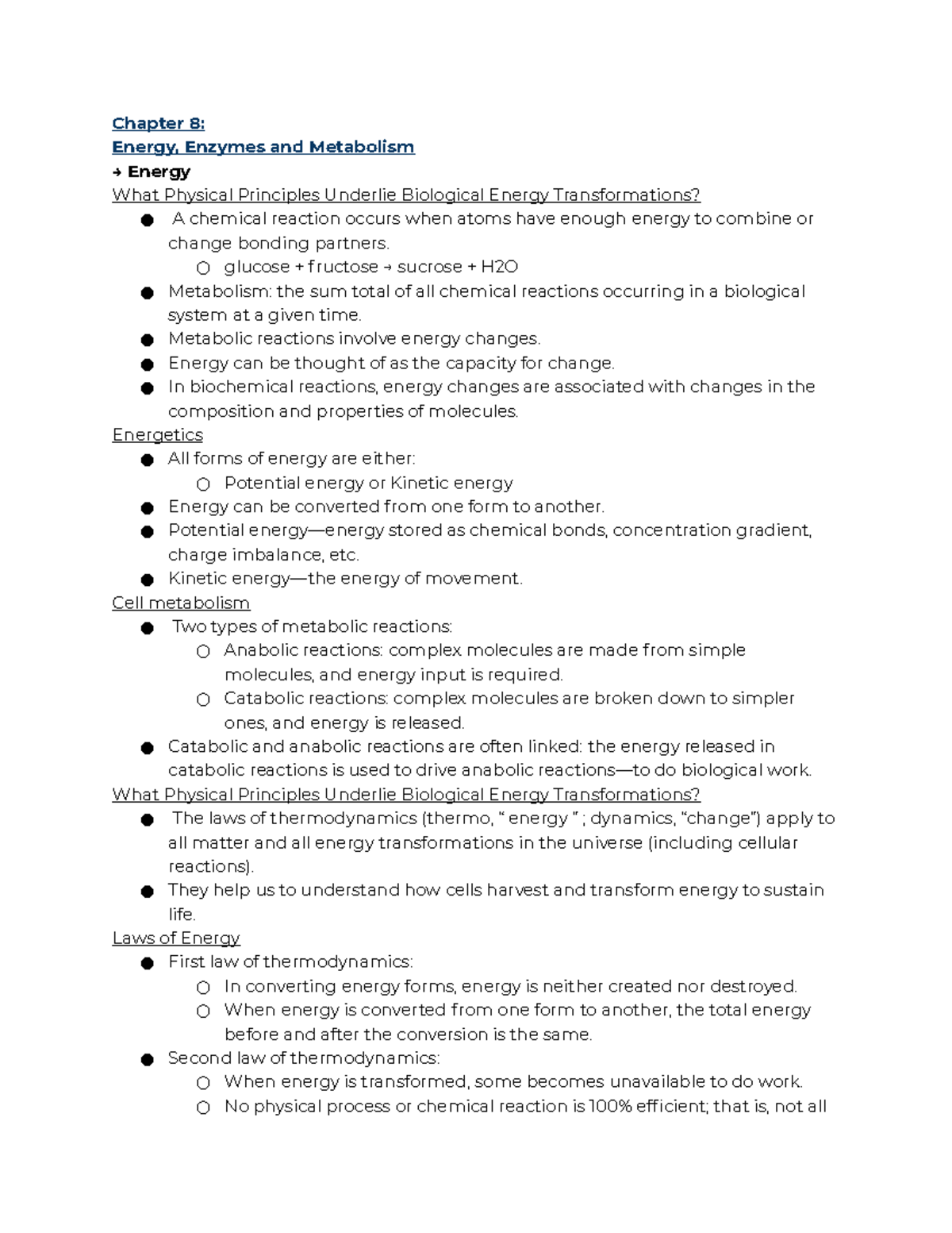 Lecture Notes Chapter 8 - Chapter 8: Energy, Enzymes And Metabolism → ...