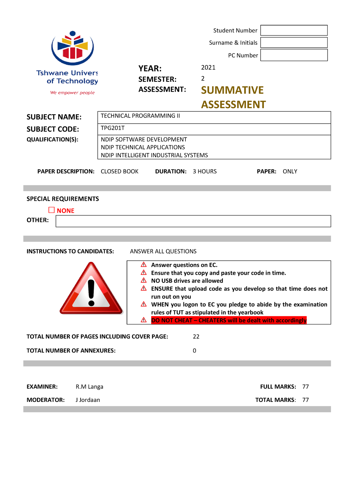 TPG201T S2 2021 SA Final - YEAR: Student Number Surname & Initials 2021 ...