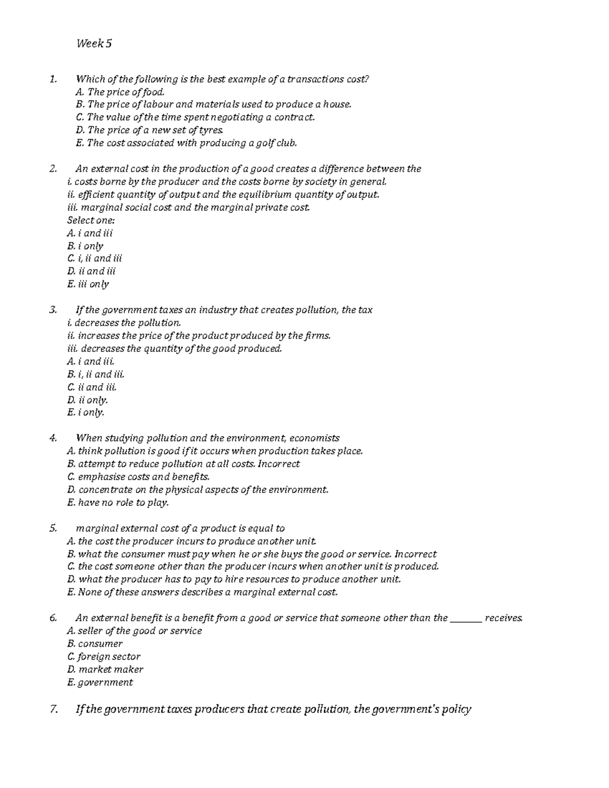 Week 5 Study Questions on Externalities and Pollution - Studocu