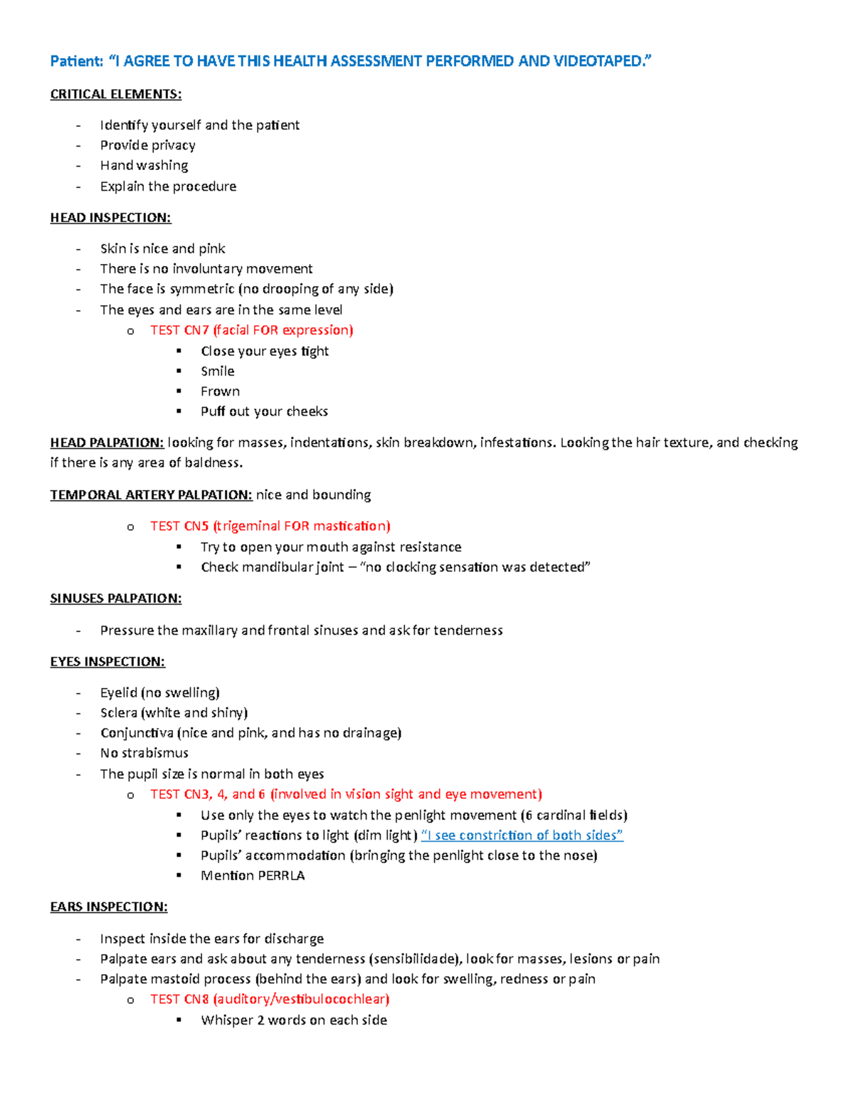 Heent Assessment - Patient: “I AGREE TO HAVE THIS HEALTH ASSESSMENT ...