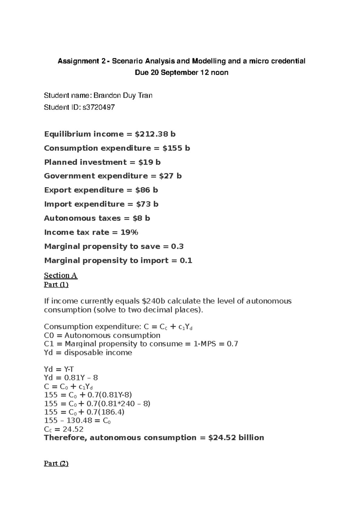 Assignment 2 - Macroeconomics - Assignment 2 - Scenario Analysis and ...