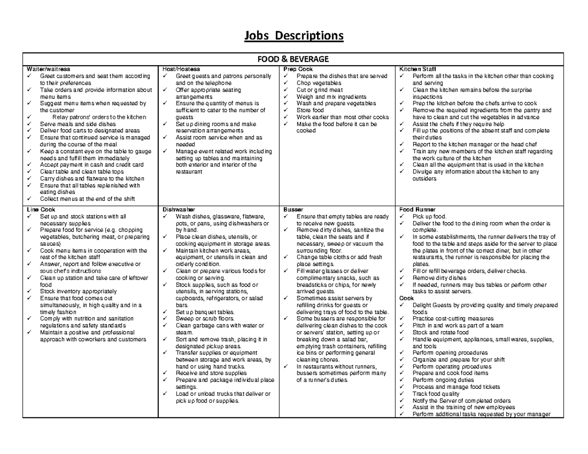 Job Description wat AAAAA Jobs Descriptions FOOD & BEVERAGE Waiter