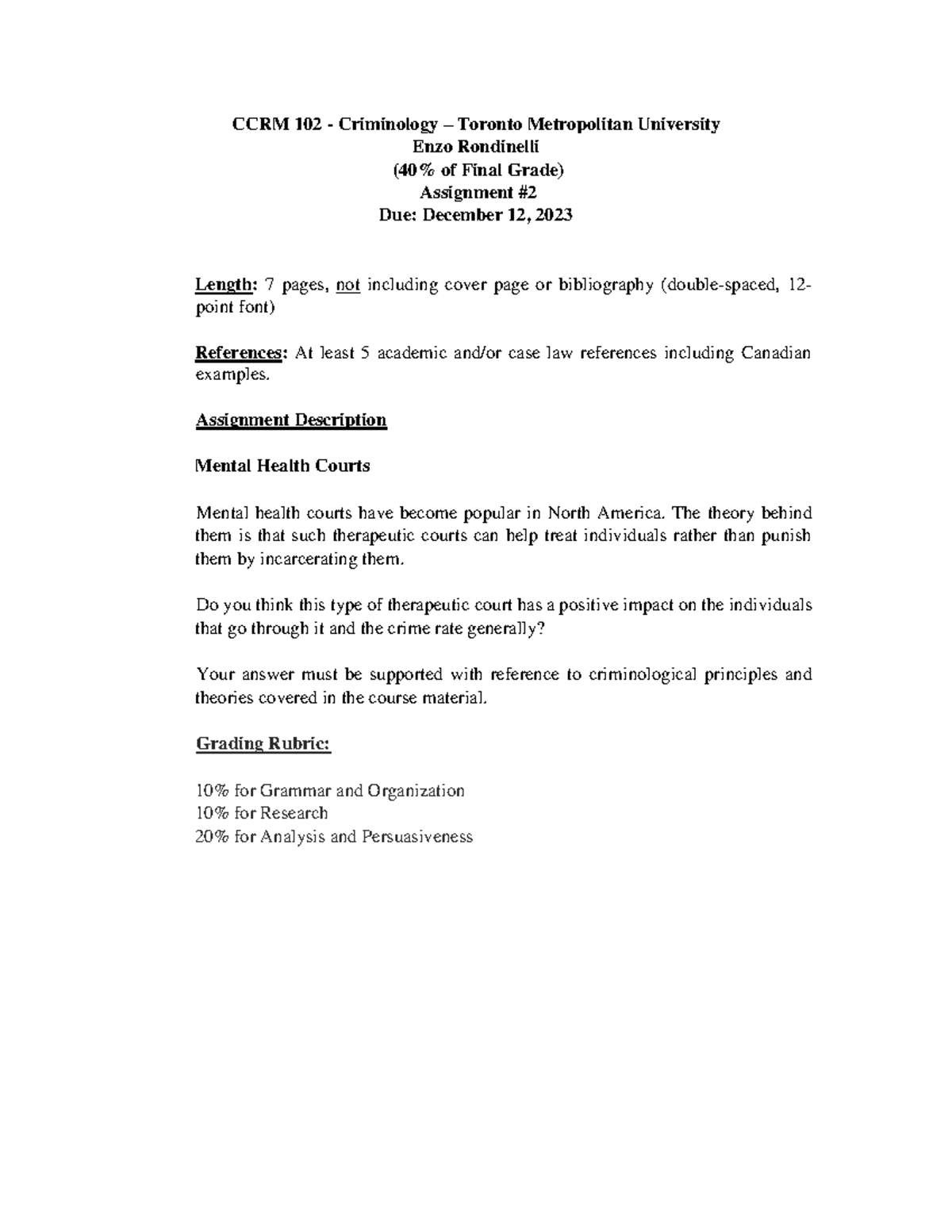 Assignment.2 - ASSIGNMENT - CCRM 102 - Criminology – Toronto ...