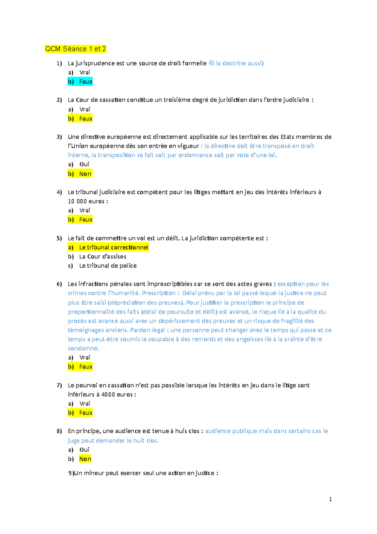 Qcm Théorie Générale De La Justice L1 Droit QCM de droit sur les Séances 1 et 2 - Droit pénal - KEDGE - Studocu