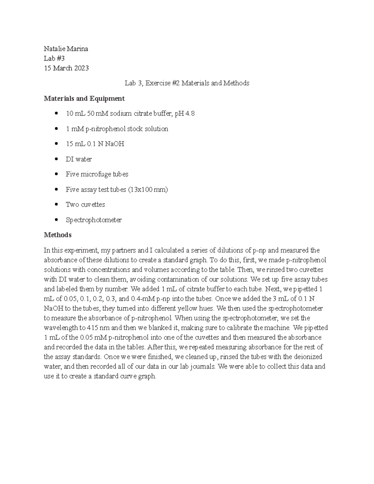 Lab 3 Materials And Methods - Natalie Marina Lab # 15 March 2023 Lab 3 ...