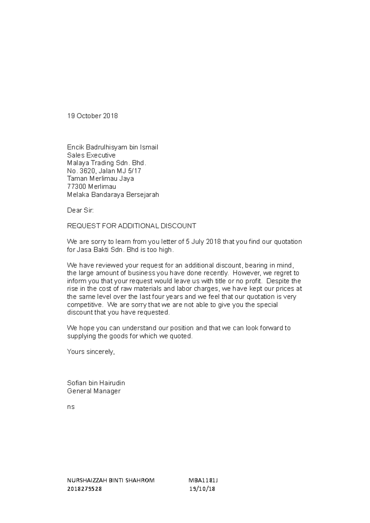 Business Letter 2 - 19 October 2018 Encik Badrulhisyam bin Ismail Sales ...