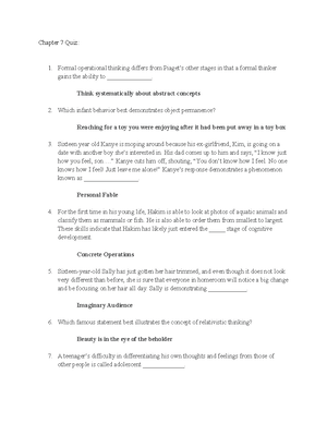 PSYC Chapter 7 Quiz Chapter 7 Quiz Formal operational thinking