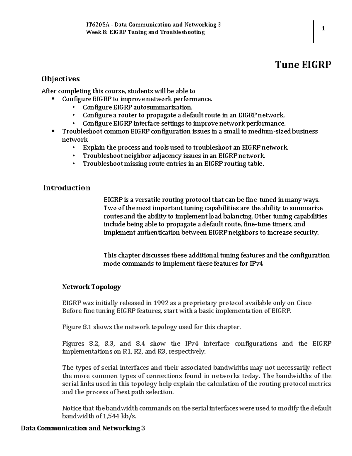 Week 8 - Eigrp Tuning and Troubleshooting Module - Week 8: EIGRP Tuning ...
