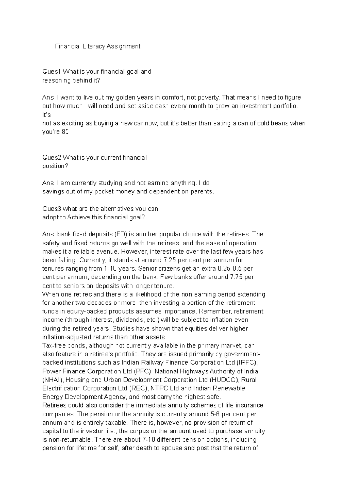 Shimti 2019 4 - Notes - Financial Literacy Assignment Ques1 What is ...