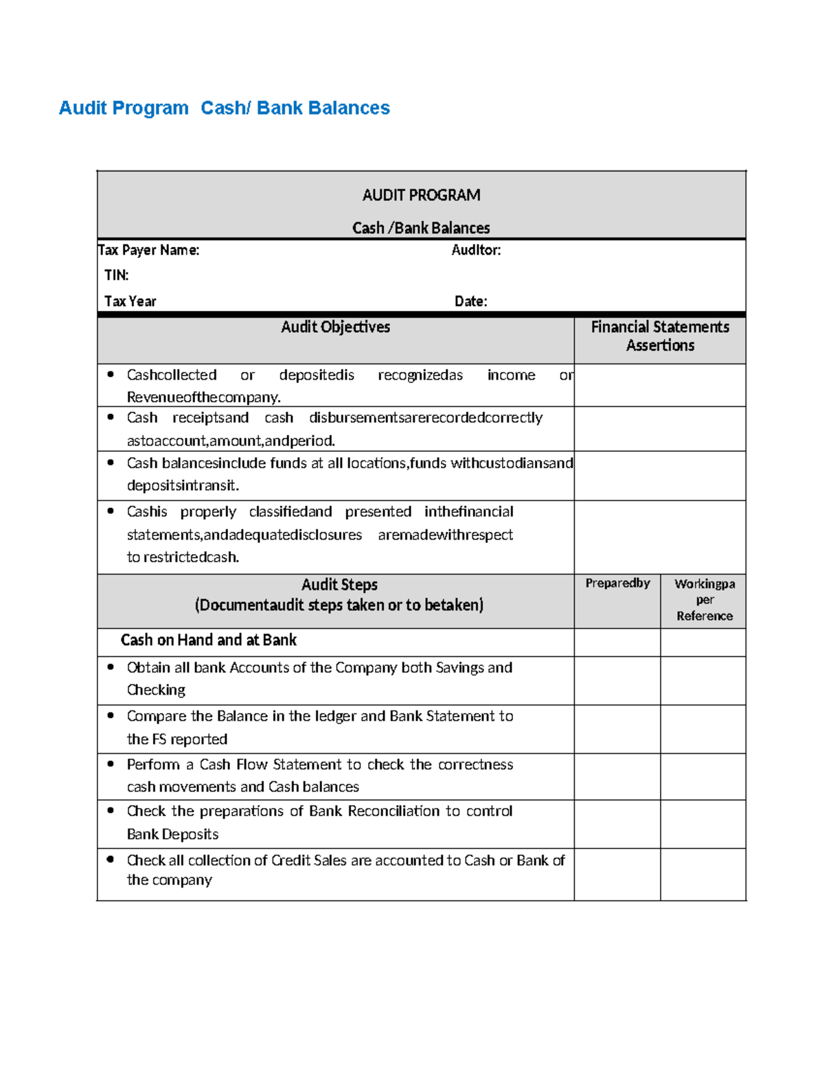 10 Audit Program Cash - Audit Program Cash/ Bank Balances AUDIT PROGRAM ...