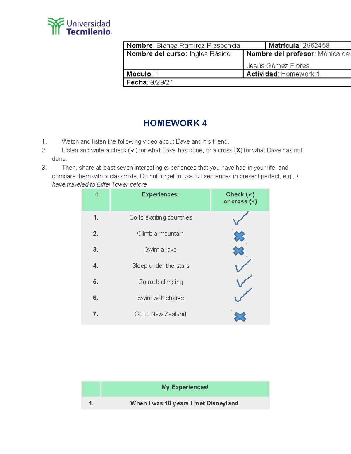 Homework 4 Ingles basico modulo 1 Tecmilenio - Nombre: Bianca Ramirez ...