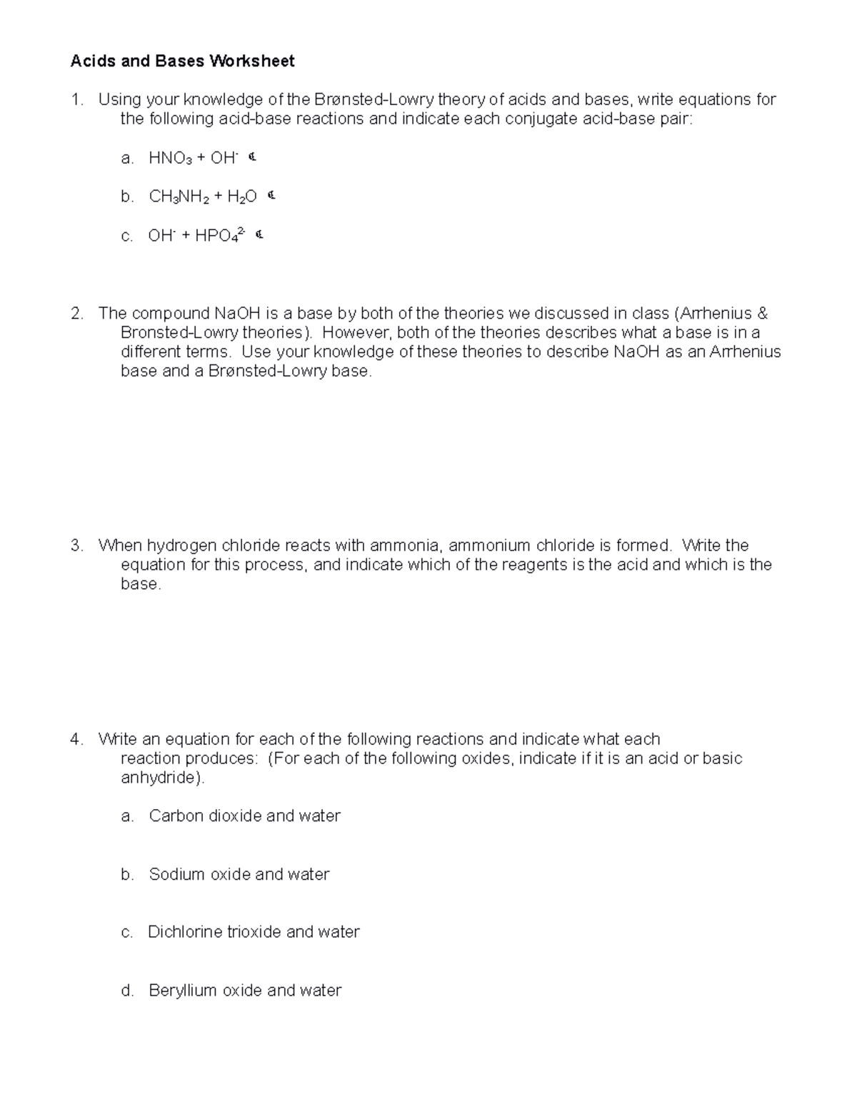 Acid And Base Worksheet Acids And Bases Worksheet Using Your Knowledge Of The Brønsted Lowry 6939