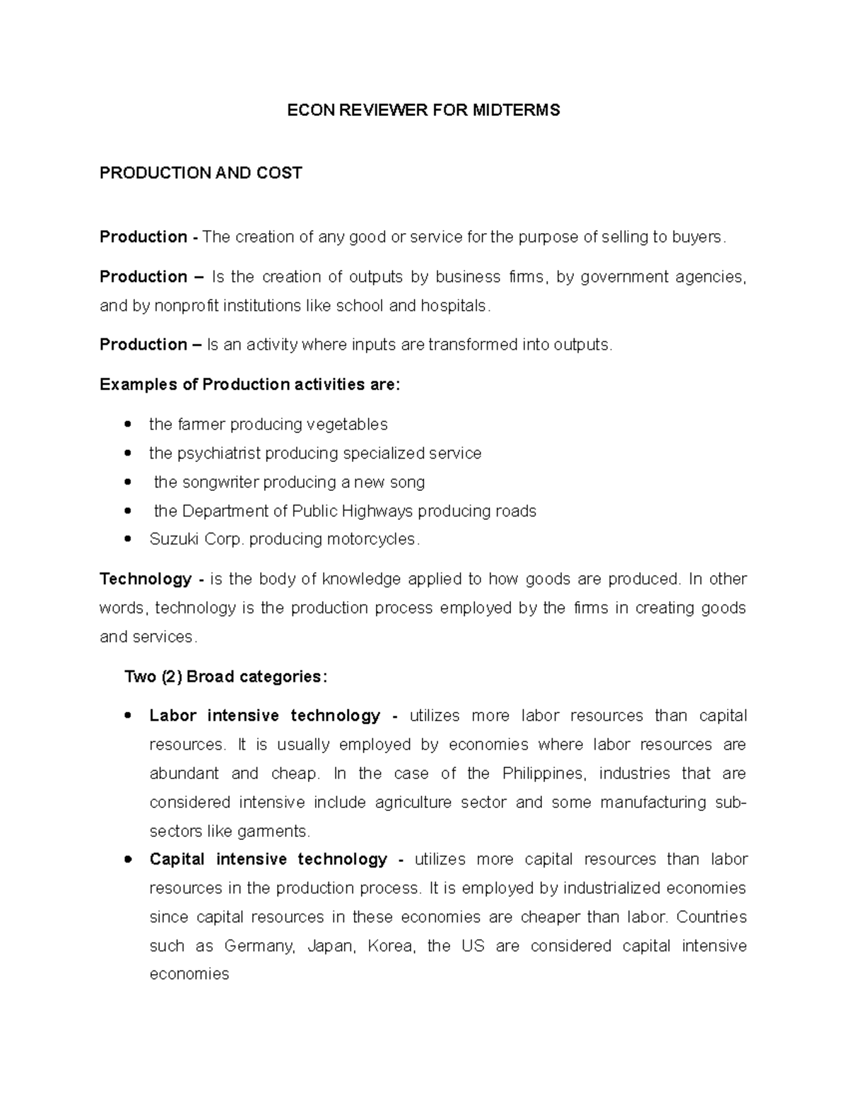 Reviewer IN Economics - Lecture notes - - Studocu
