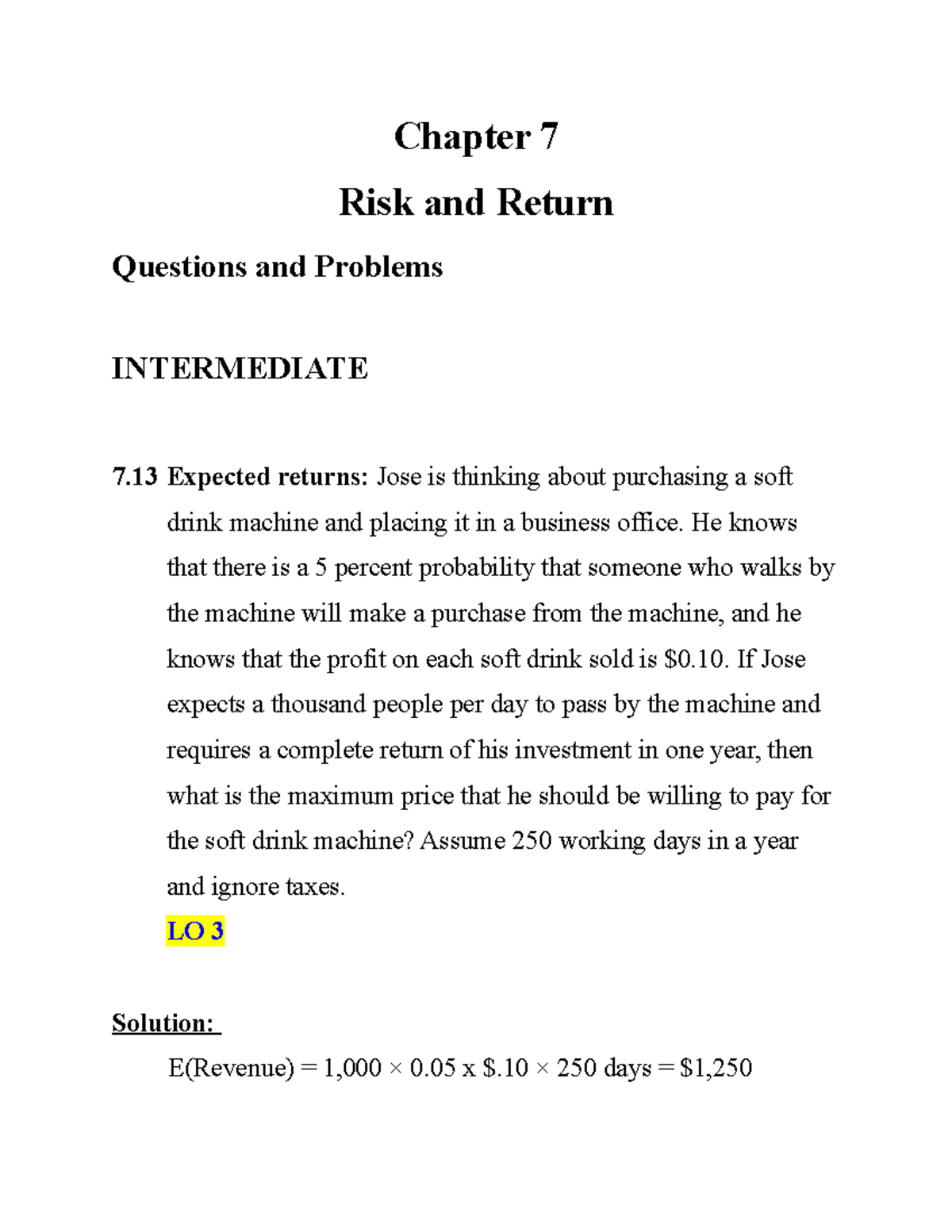 Ch07 - ththyhyhyhy - Chapter 7 Risk and Return Questions and Problems ...
