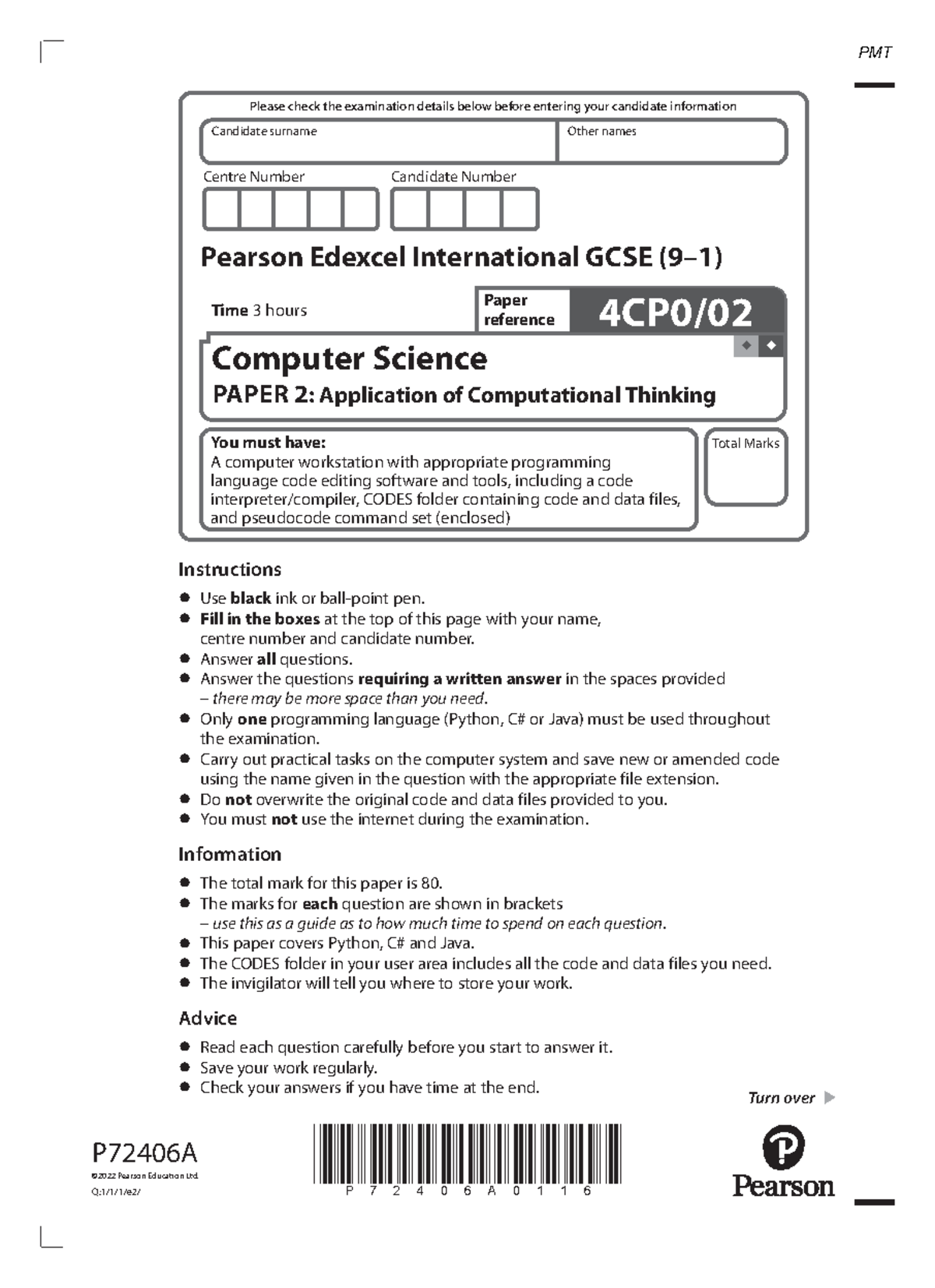 June 2022 QP - Paper 2 Edexcel Computer Science Igcse - Centre Number ...