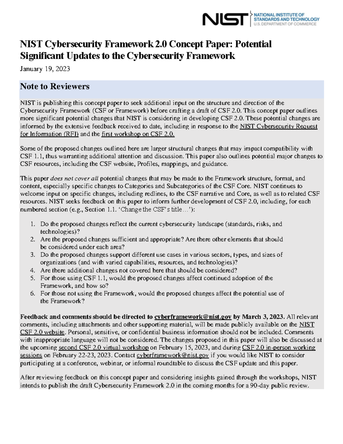 NIST Cybersecurity Framework 2.0 Concept Paper Potential Significant ...