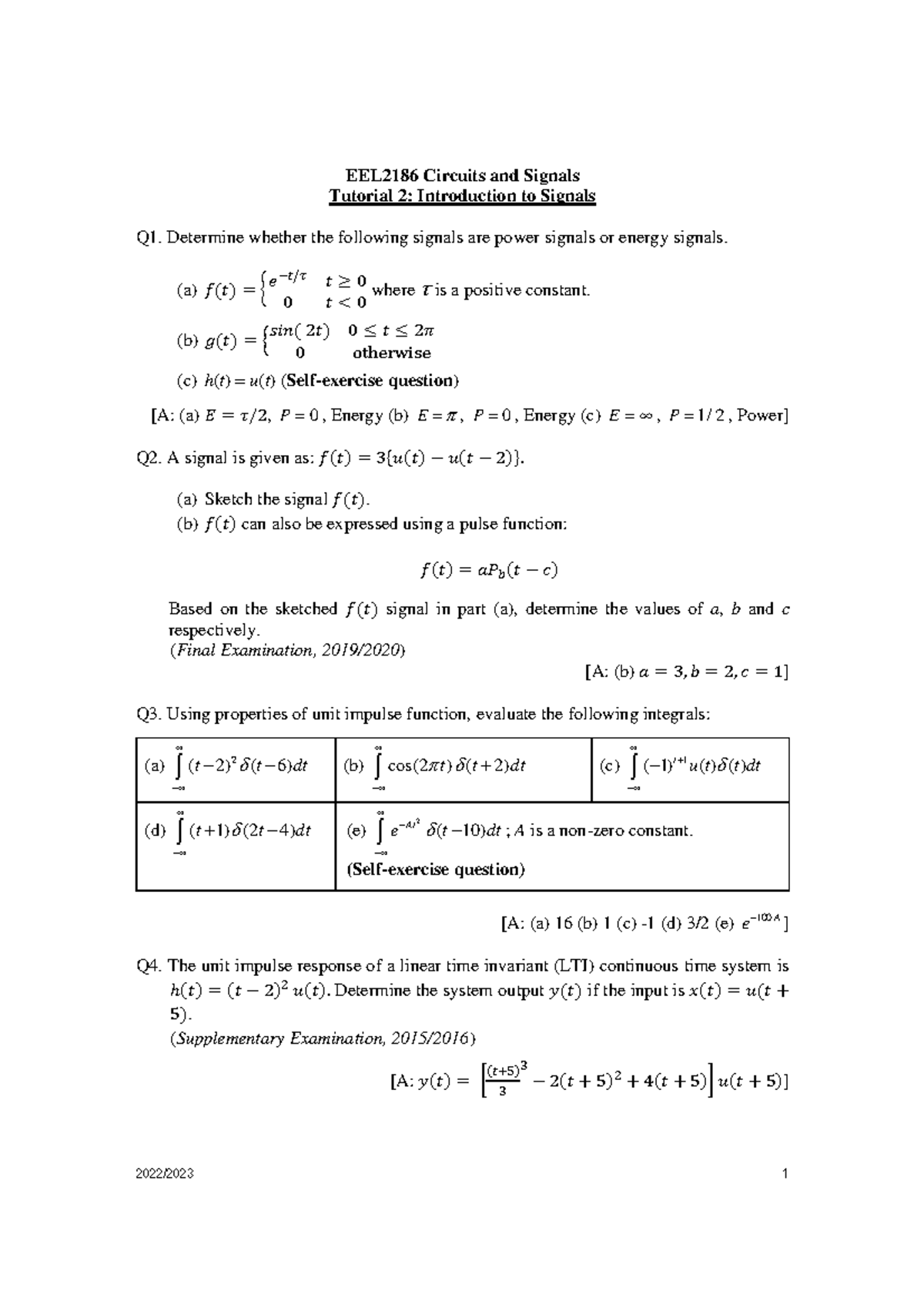 Tutorial 2 Questions - 2022/2023 1 EEL2186 Circuits And Signals ...