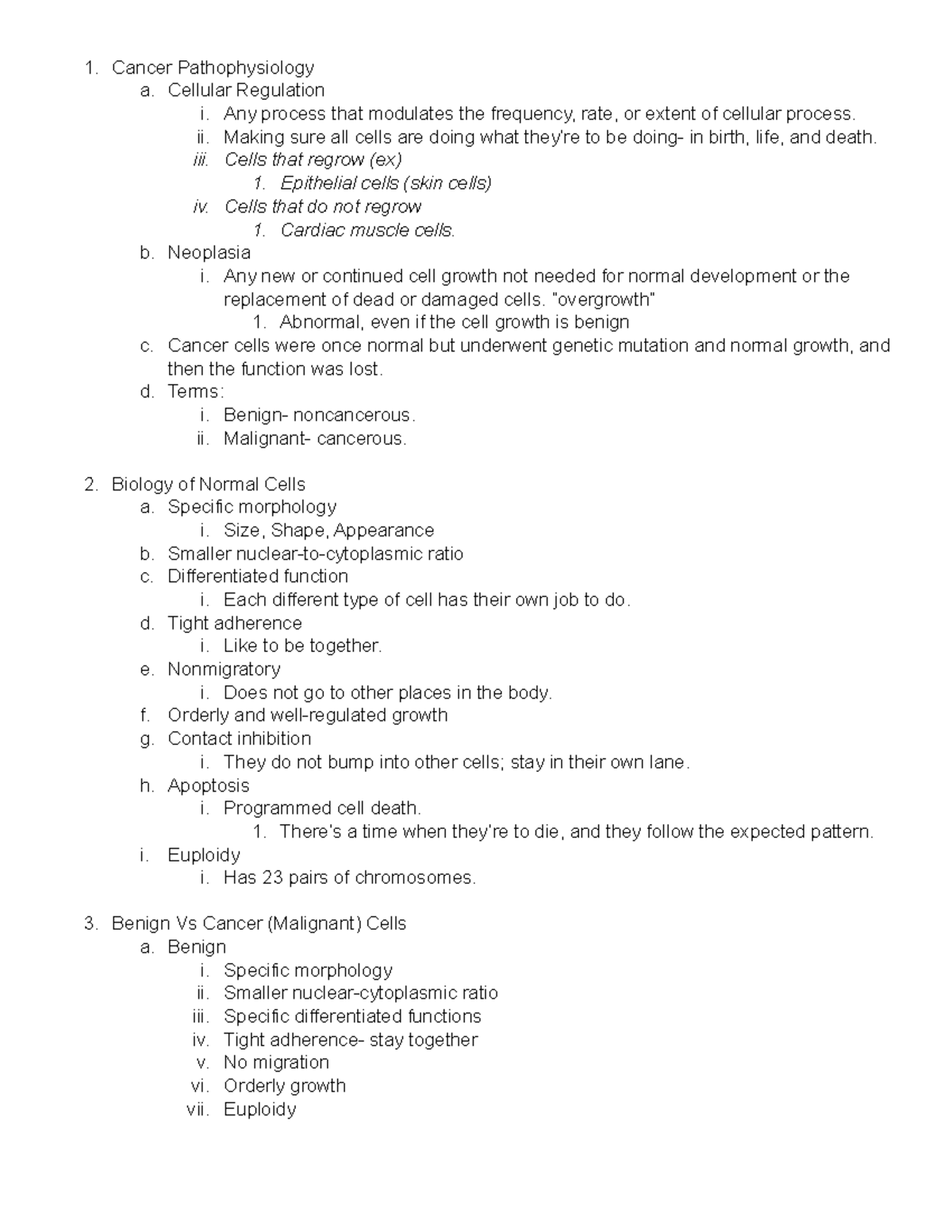 Oncology Outline - study notes - Cancer Pathophysiology a. Cellular ...