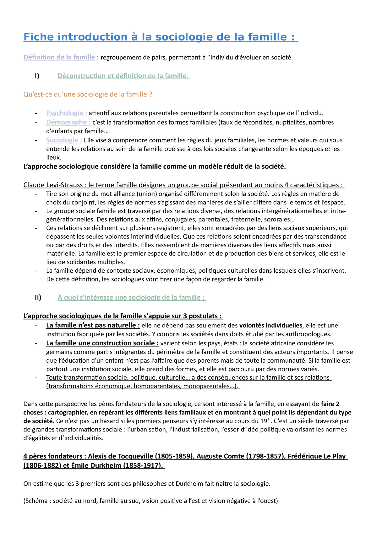 Fiche Introduction à La Sociologie De La Famille - I) Déconstruction Et ...