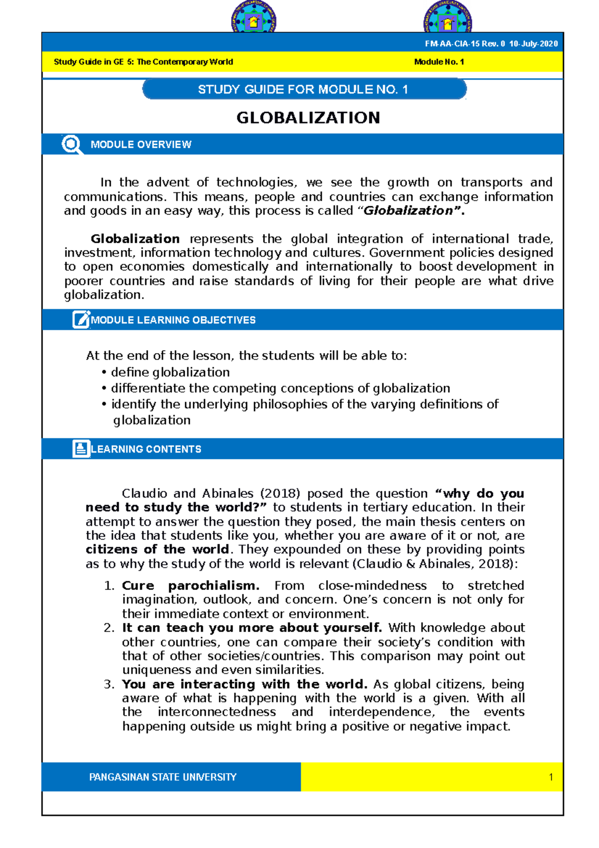 GE 5 SG 1 - Sir Ballesteros - GLOBALIZATION MODULE OVERVIEW In the ...