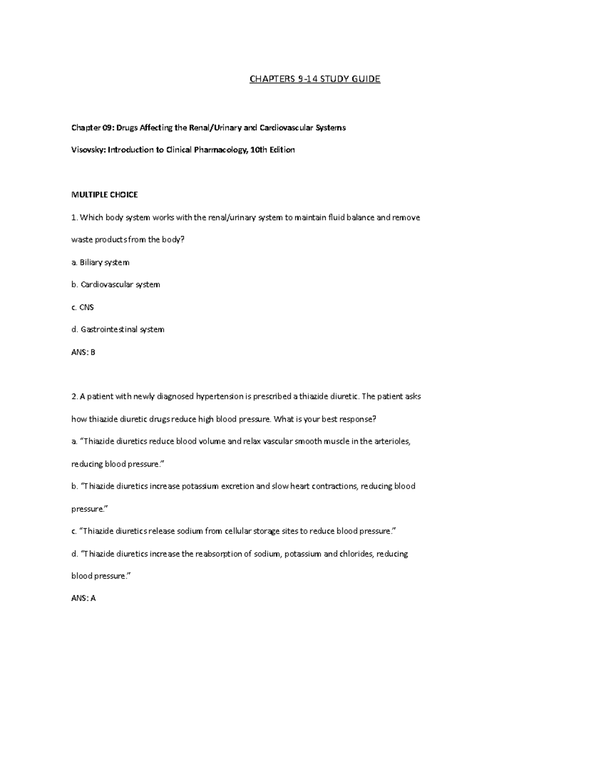 Chapters 9-14 Pharm Study Guide - CHAPTERS 9-14 STUDY GUIDE Chapter 09 ...