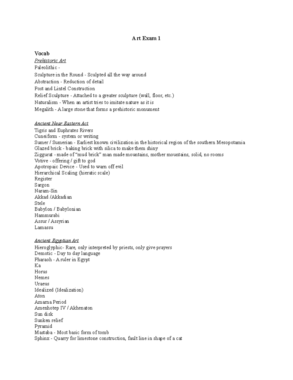 Art Exam 1 Lecture Notes Art Exam 1 Vocab Prehistoric Art Paleolithic