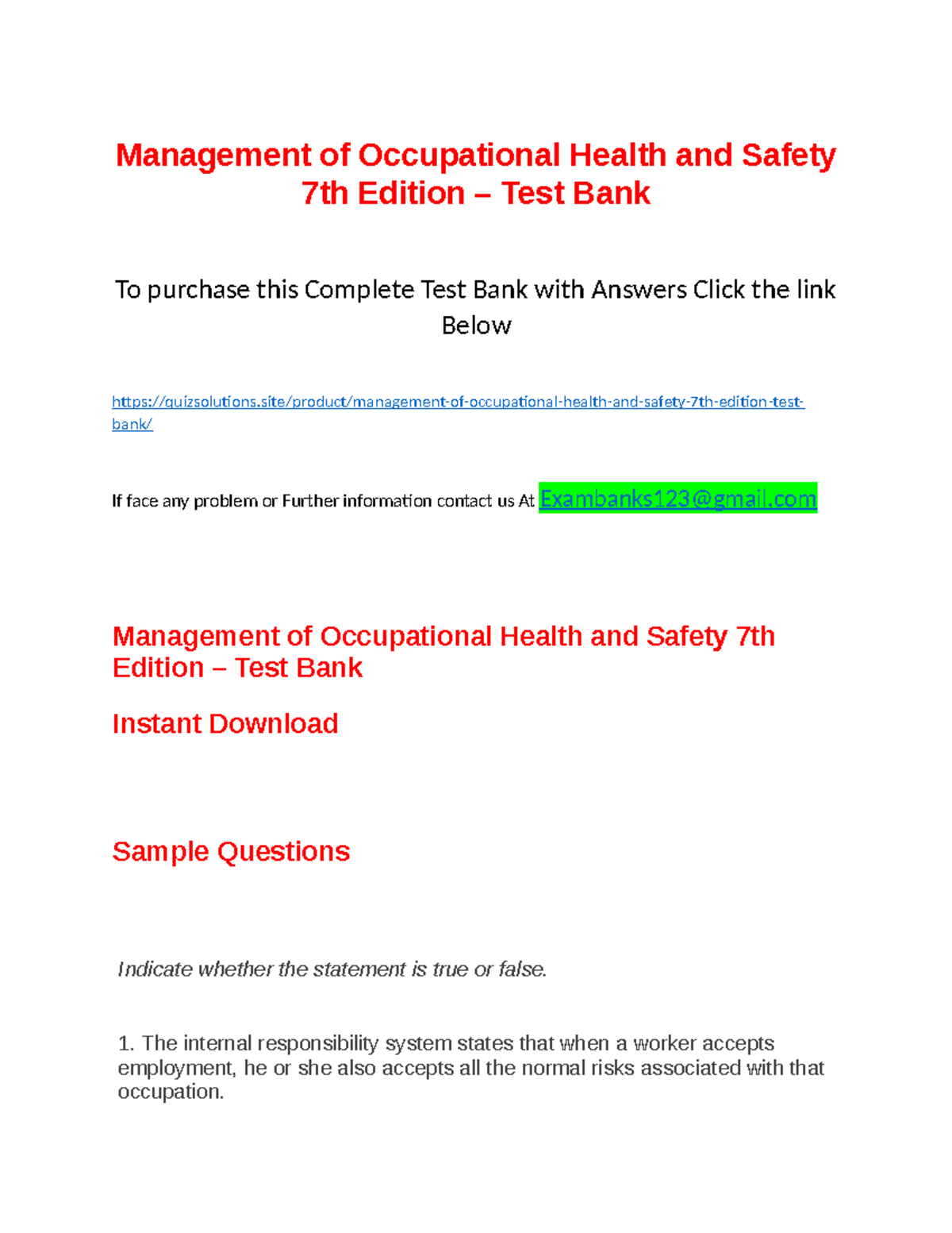 Management of Occupational Health and Safety 7th Edition Test Bank