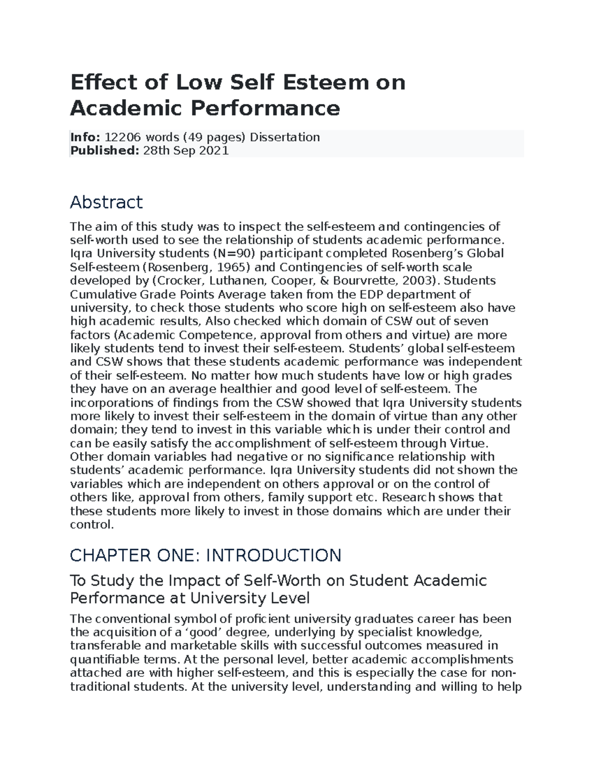 effects of low self esteem in students research paper