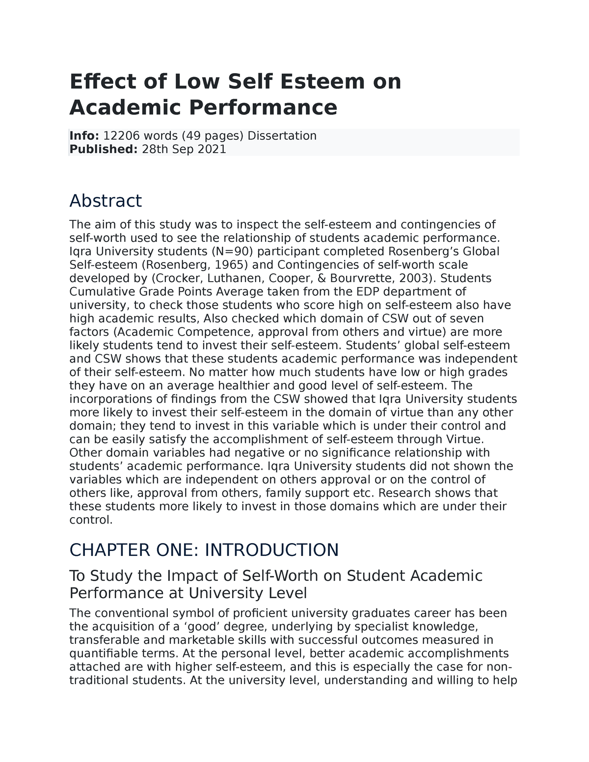 Effect Of Low Self Esteem On Academic Performance Effect Of Low Self 