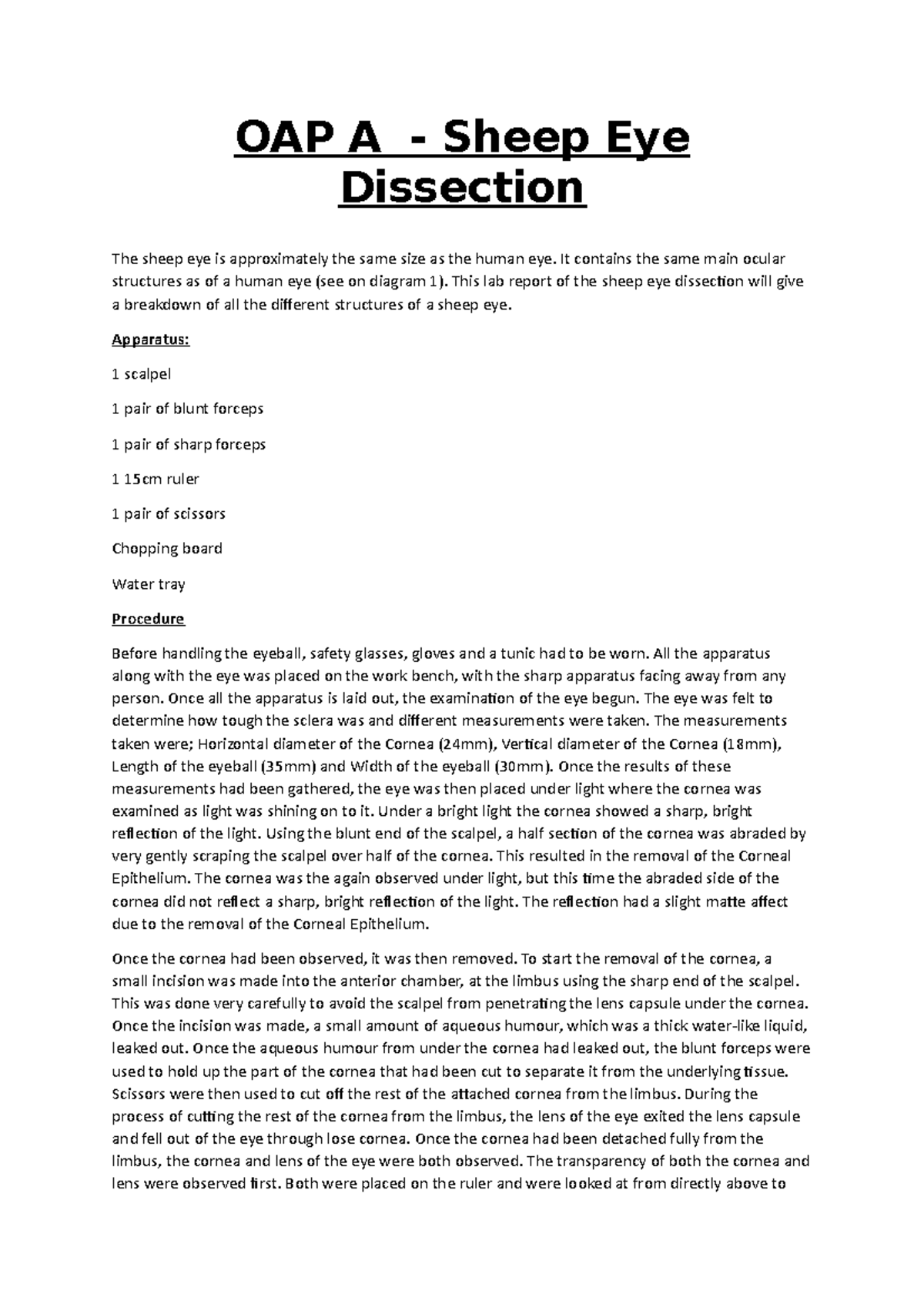 OPHTHALMIC ANATOMY AND PHYSIOLOGY Sheep Eye Dissection Report OAP A