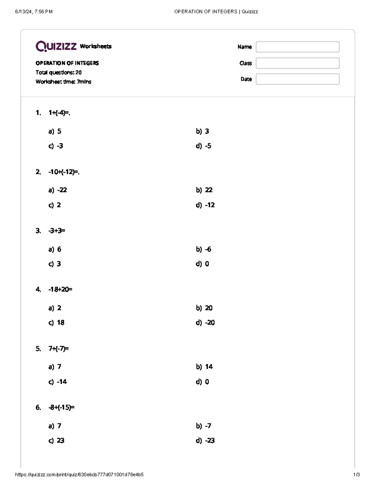 Operation of integers quizizz worksheets operation of integers total